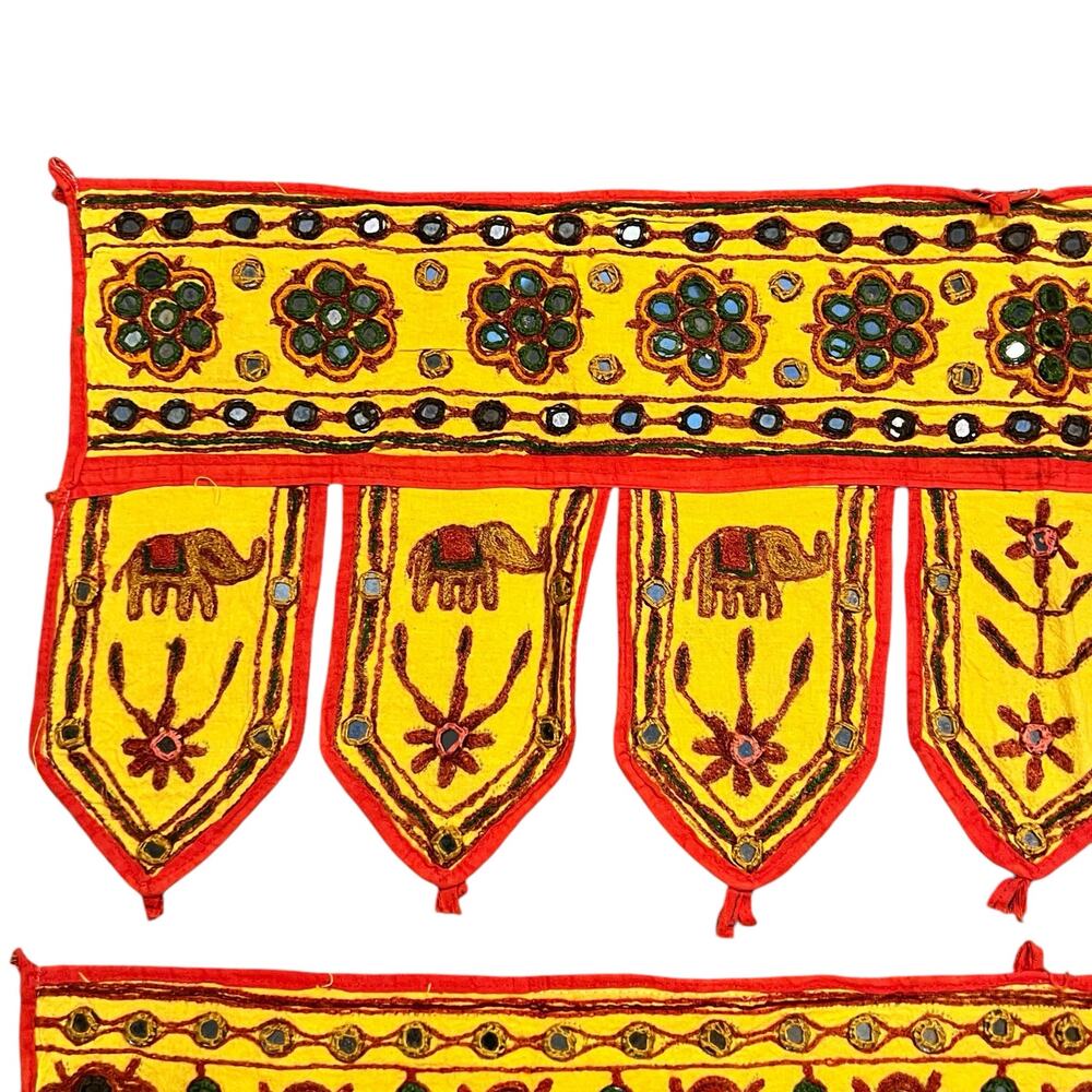 Vintage Rajasthani Elephant Embroidered Mirror Tile Door Hangings Window Valance - Picture 2 of 8